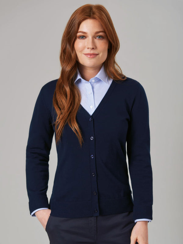 Model wearing Brook Taverner Augusta V-neck Navy Cardigan 