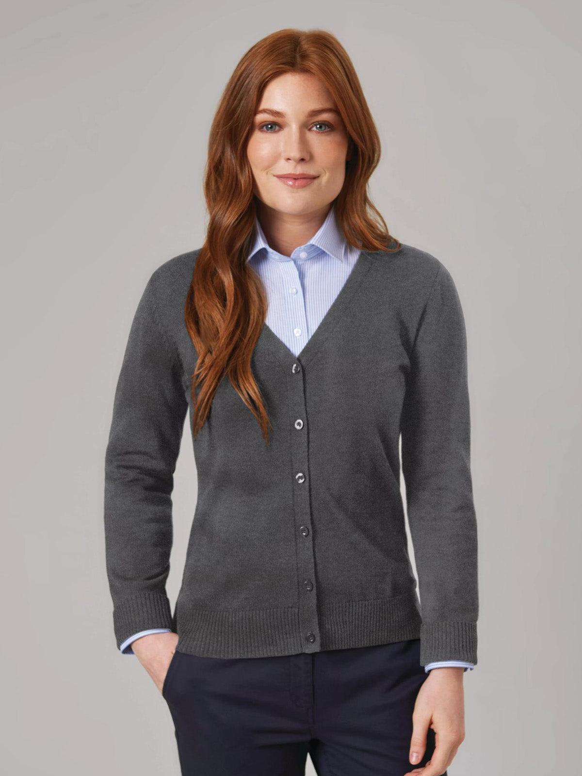 Model wearing Brook Taverner Augusta V-neck Charcoal Cardigan 