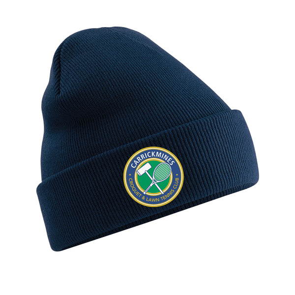 A photo of the Carrickmines Tennis Club Beanie in Navy with embroidered club crest.