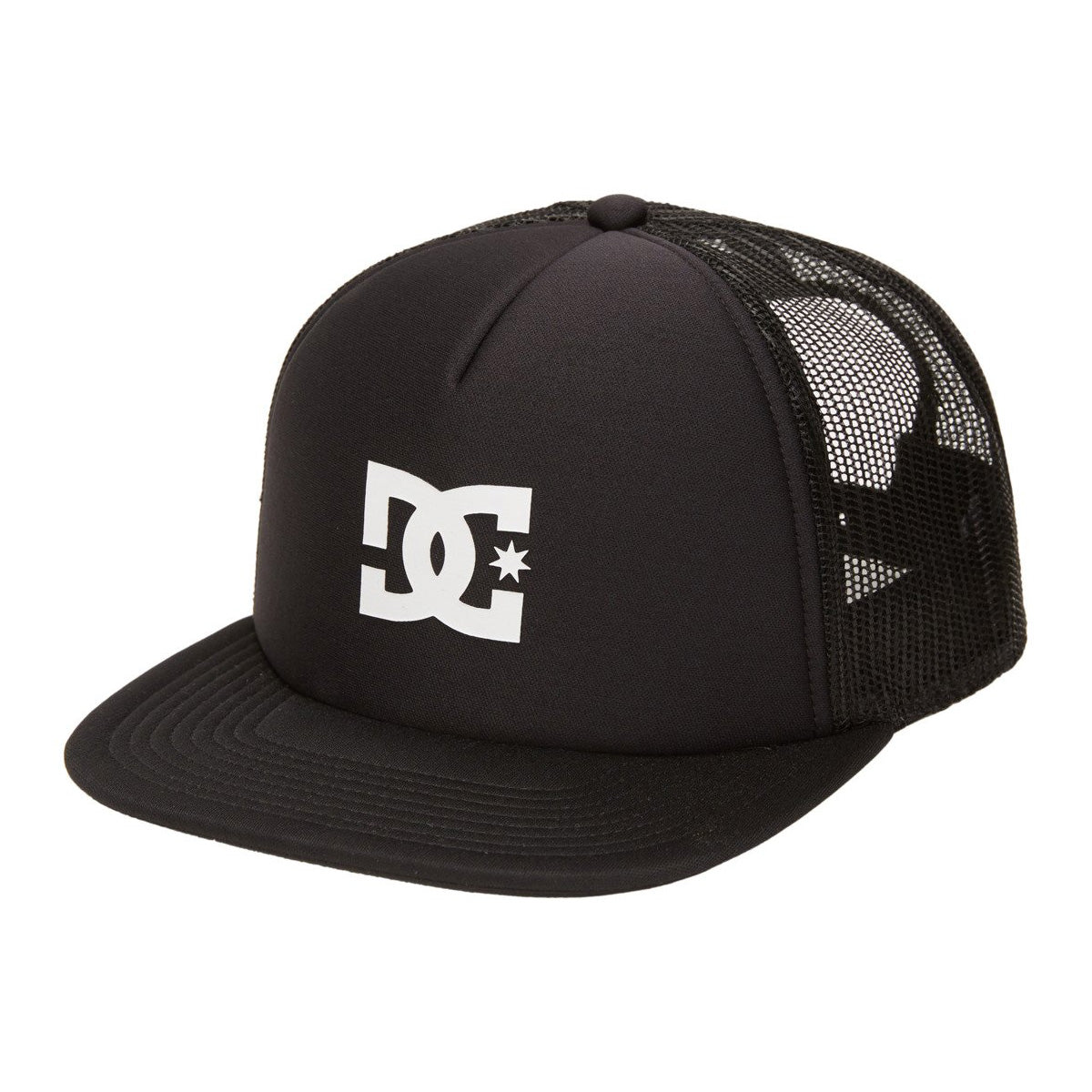 A photo of the DC Gas Station Trucker Boy Snapback Hat, in Black with Printed DC logo. Photo shot from the front.