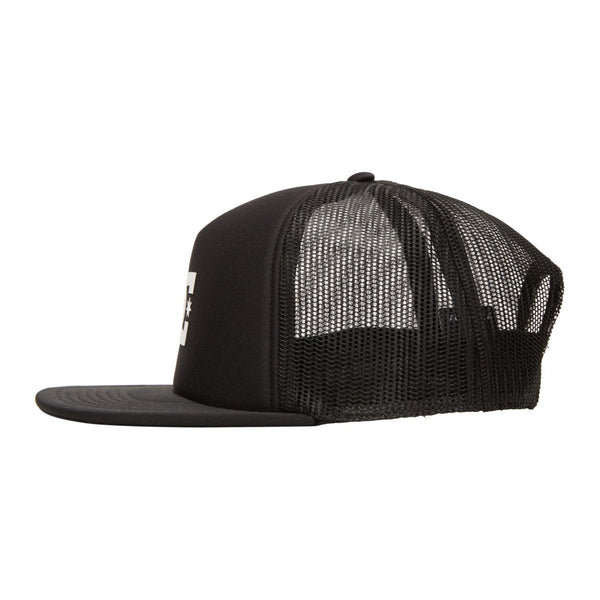 A photo of the DC Gas Station Trucker Boy Snapback Hat, in Black with Printed DC logo. Photo shot from the side.