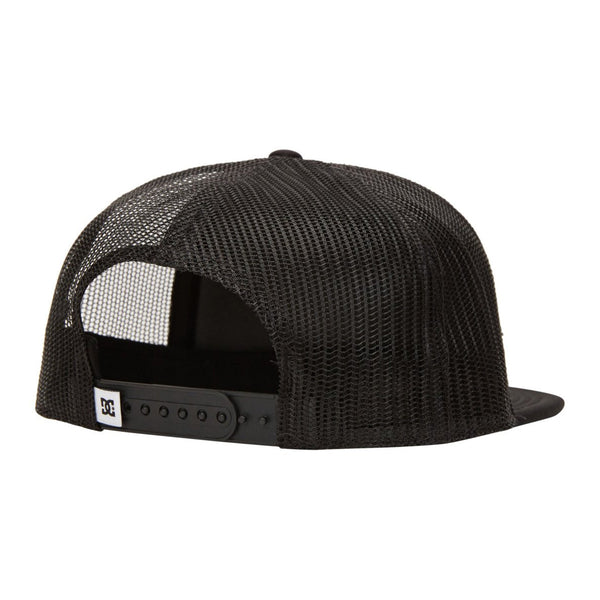 A photo of the DC Gas Station Trucker Boy Snapback Hat, in Black with Printed DC logo. Photo shot from the back.