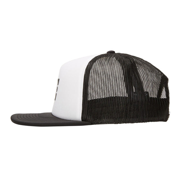 A photo of the DC Gas Station Trucker Boy Snapback in Black/White, side view