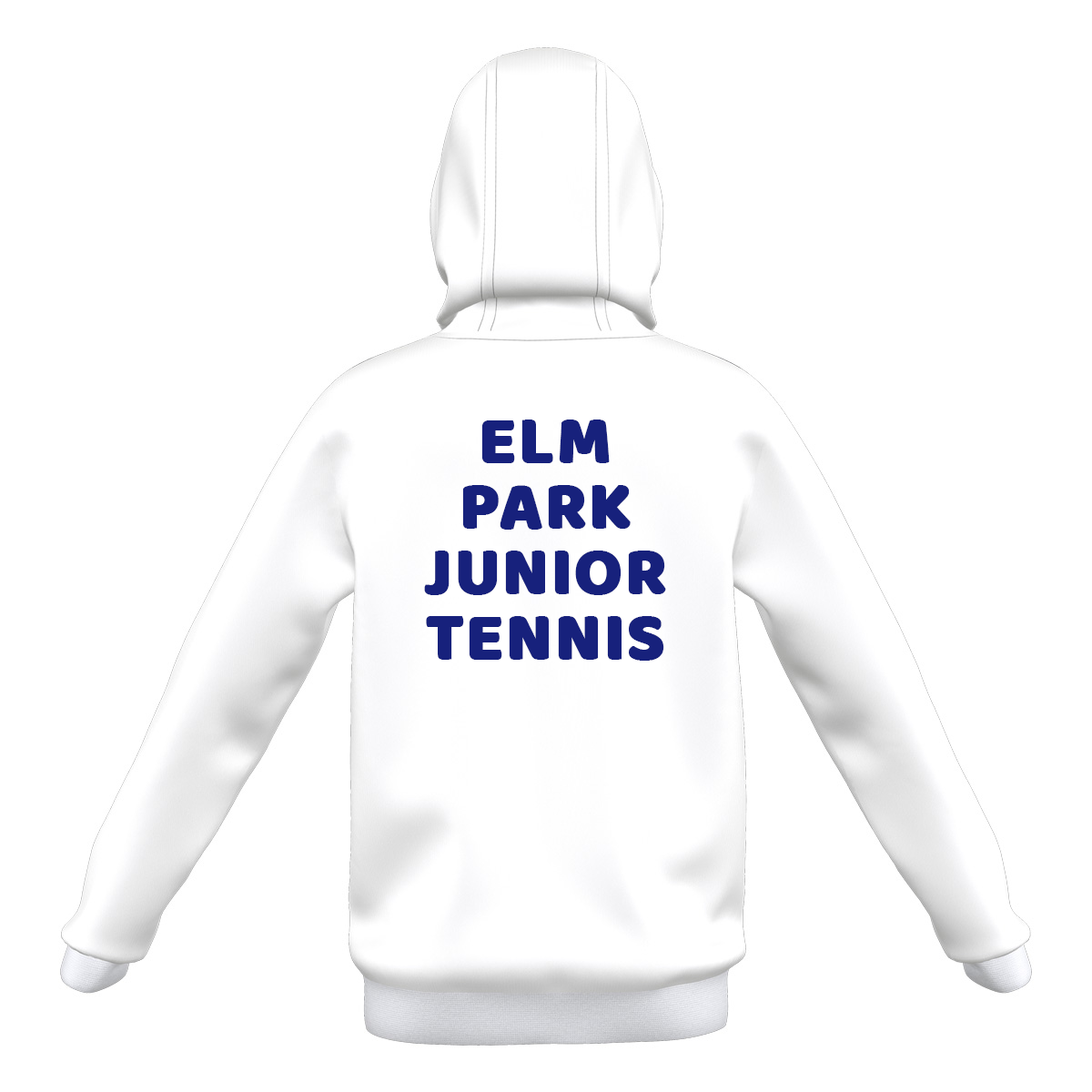  photo of the Elm Park Adidas Entrada 22 MTO Hoody in White, back view, with 'Elm Park Junior Tennis' print.