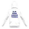  photo of the Elm Park Adidas Entrada 22 MTO Hoody in White, back view, with 'Elm Park Junior Tennis' print.