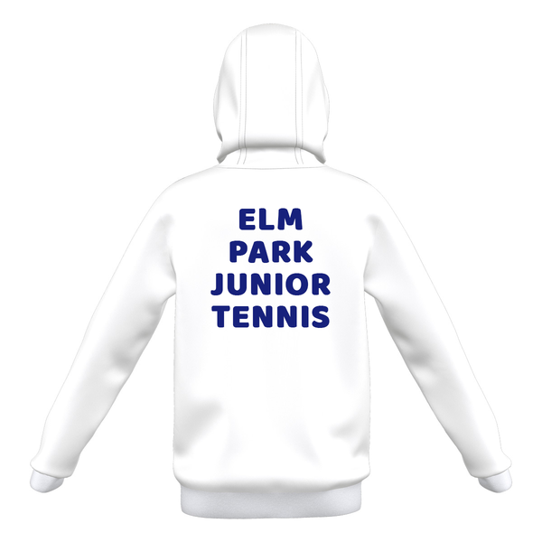 photo of the Elm Park Adidas Entrada 22 MTO Hoody in White, back view, with 'Elm Park Junior Tennis' print.