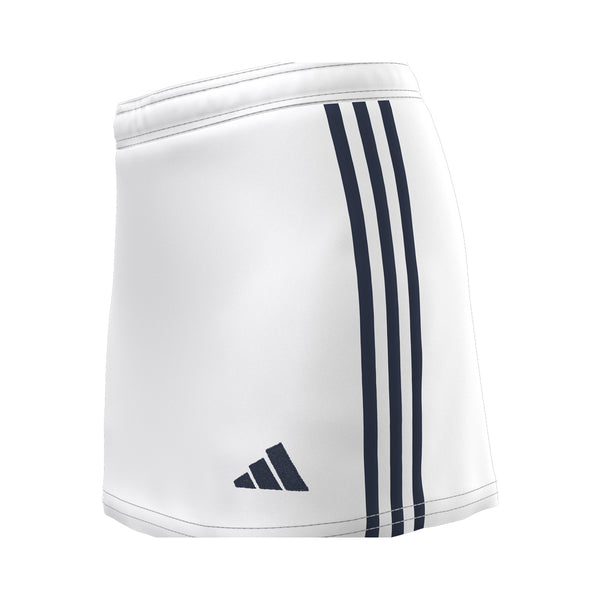 A photo of the Elm Park Adidas Entrada 22 MTO Skort in White with Navy Stripes & adidas logo, side view.