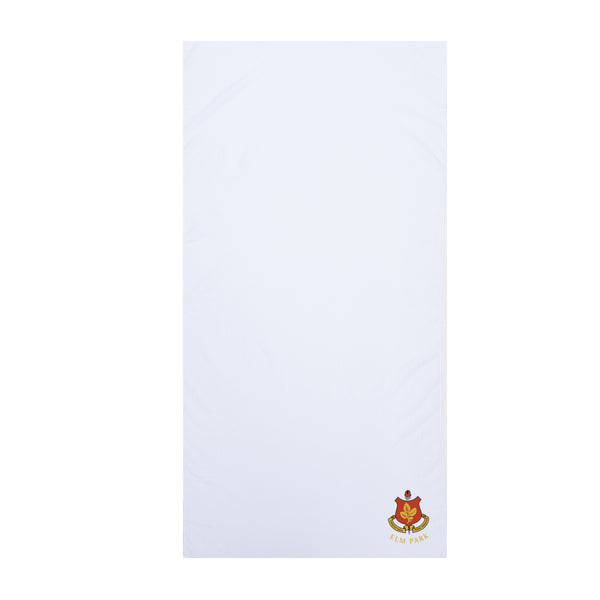 A photo of the Elm Park Tennis Club Microfibre Towel in White with embroidered cub crest bottom right corner.