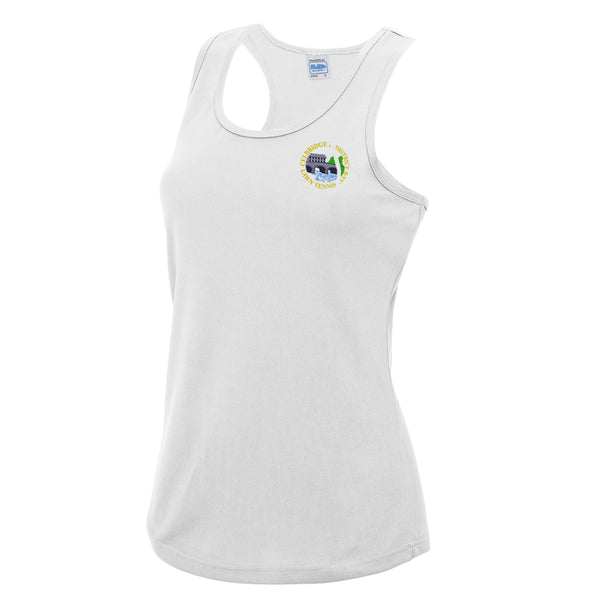 A photo of the Celbridge Tennis Club Ladies Singlet in White with club crest on left chest.