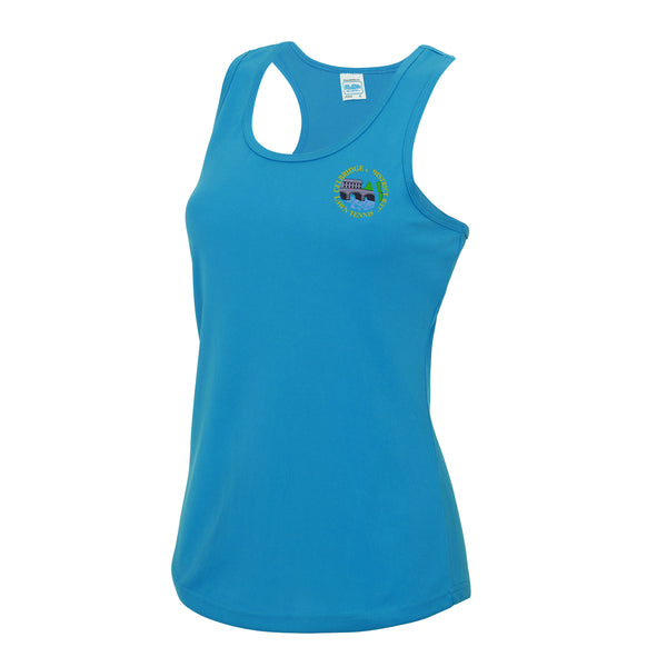 A photo of the Celbridge Tennis Club Ladies Singlet in Sapphire with club crest on left chest.