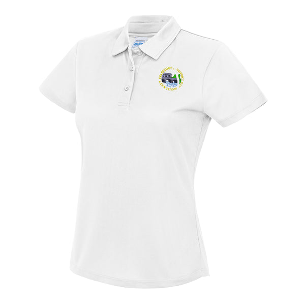 A photo of the Celbridge Tennis Club Ladies Polo Shirt in White with club crest on left chest.