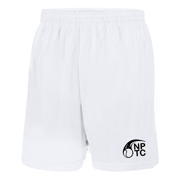 A photo of the Newtown Park Tennis Club Mens Shorts in White with printed club crest on front left leg.