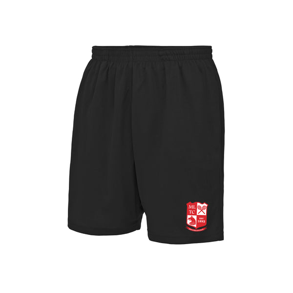 A photo of the Mitchelstown Tennis Junior Boys Club Shortin Black with club crest on left leg.