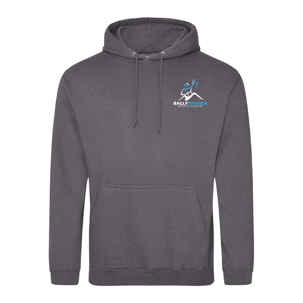 A photo of the Ballypatrick Sports Centre Hoody in Steel Grey, with embroidered club crest on left chest.