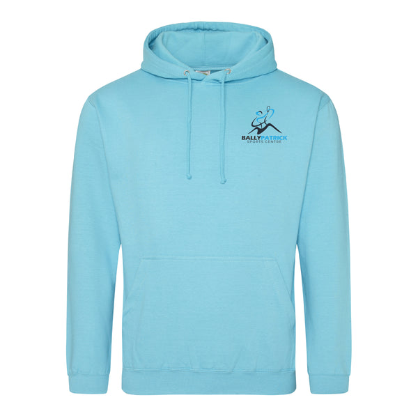 A photo of the Ballypatrick Sports Centre Hoody in Turquoise Surf, with embroidered club crest on left chest.