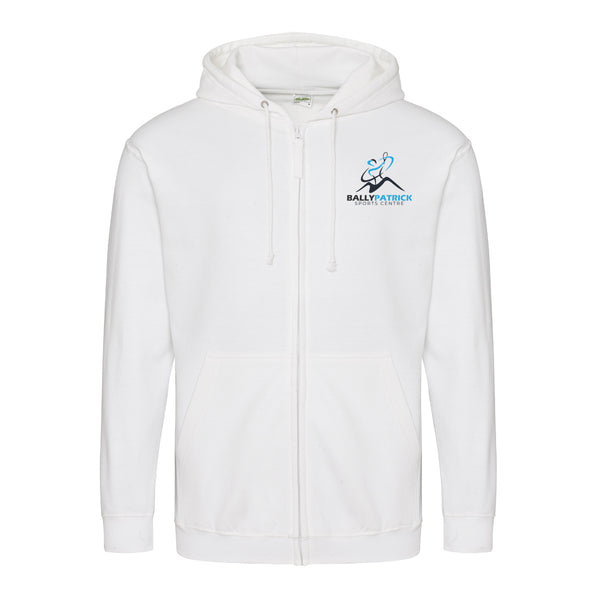 A photo of the Ballypatrick Sports Centre Full Zip Hoody in White, with embroidered club crest on left chest.