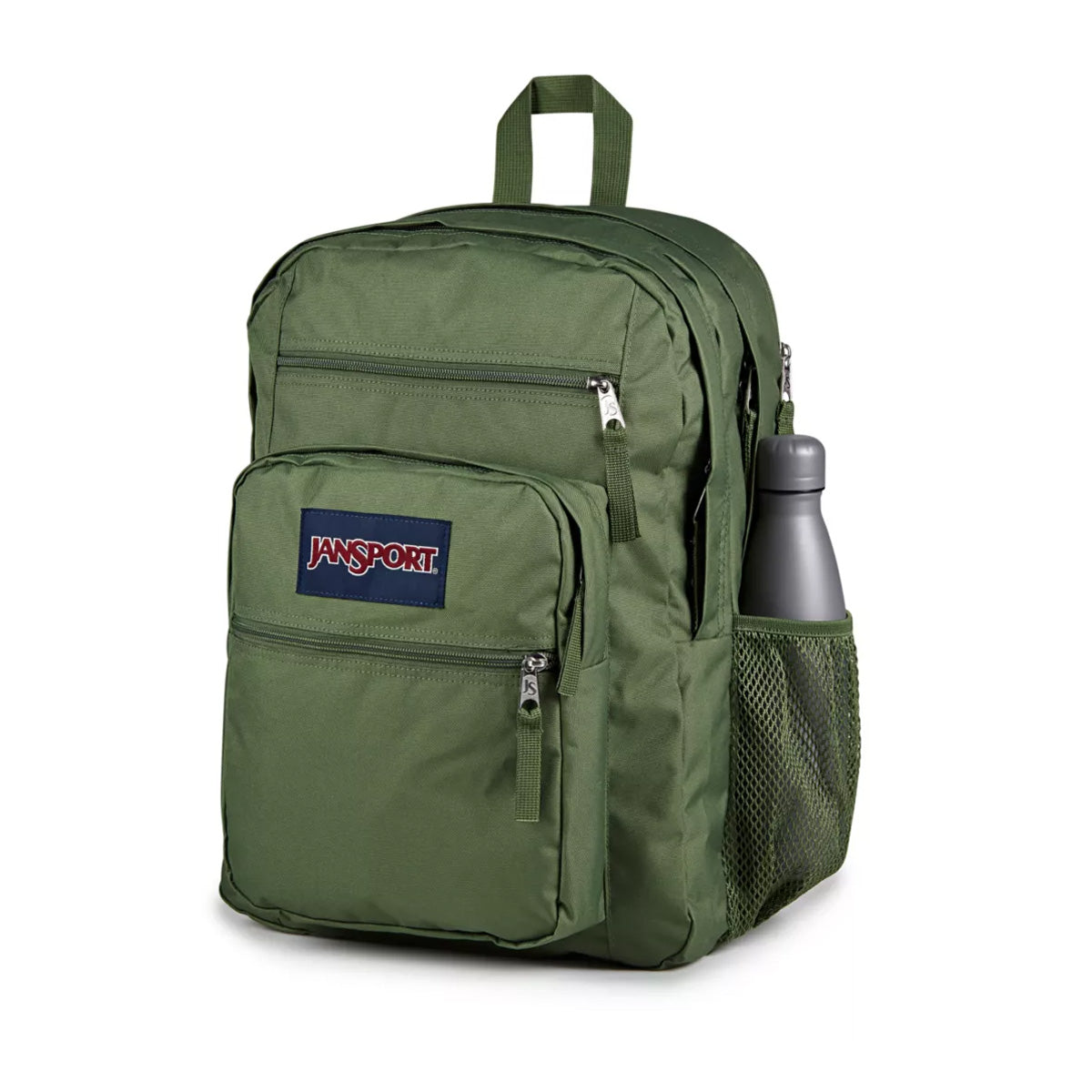 A front view photo of the JanSport Big Student Backpack in Cargo Green. Photo  also highlights water bottle pouch option on left side.
