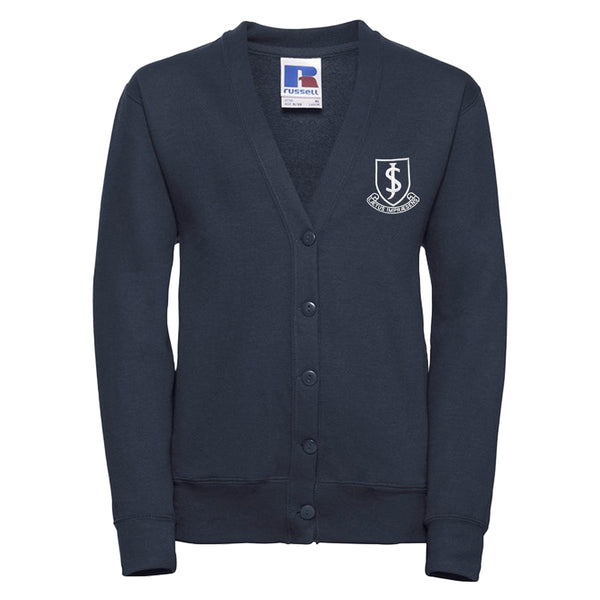 A photo of the John Scottus Primary Cardigan in Navy, with embroidered school crest on left chest.