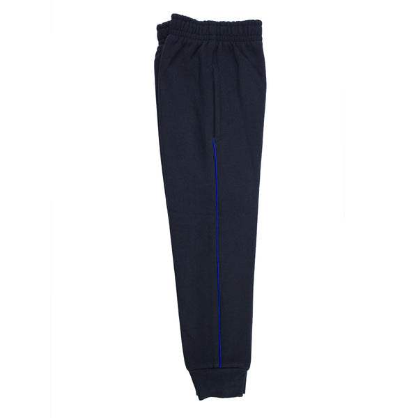 A photo of the John Scottus Primary School Tracksuit Bottom in Navy, with Royal Blue piping down the leg.