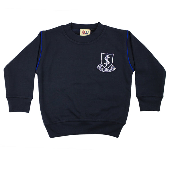 A photo of the John Scottus Primary School Tracksuit Top in Navy, with contrasting Royal Blue piping on shoulder seams..