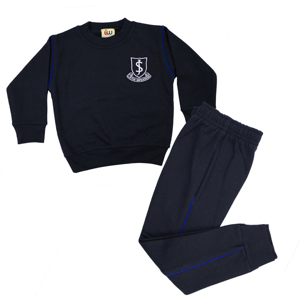 A photo of the John Scottus Primary School Tracksuit in Navy, with embroidered school crest on left chest.