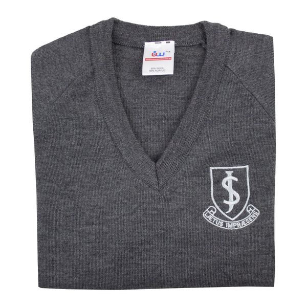 A photo of the John Scottus Primary Pullover in grey with embroidered school crest on left chest.