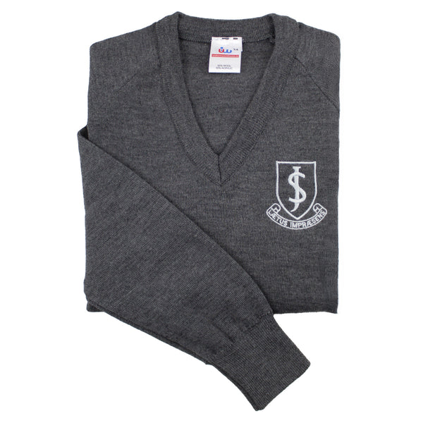 A photo of the John Scottus Primary Pullover in grey with embroidered school crest on left chest.