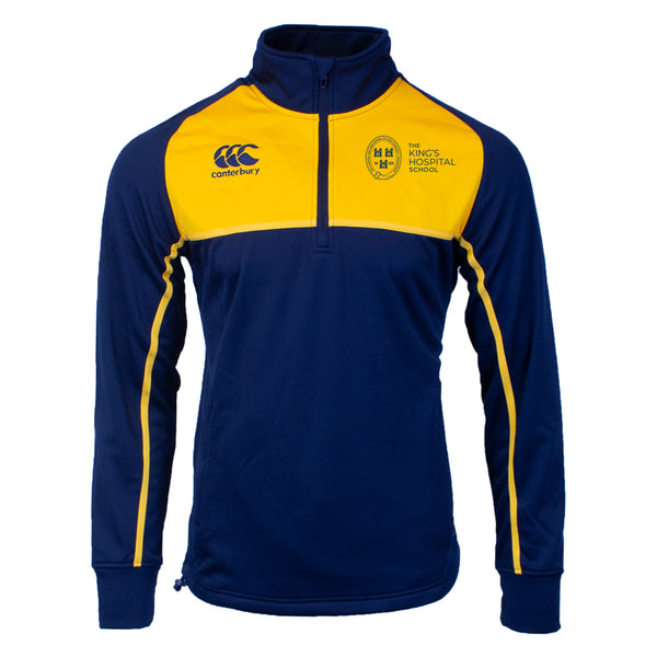 A photo of the King's Hospital 1/4 Zip Midlayer in Navy, with yellow chest panels. School crest embroidered on left chest.