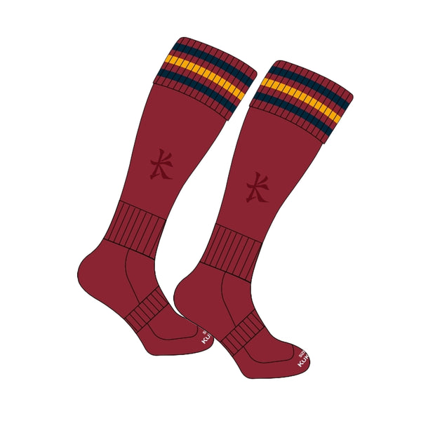 Loreto College St Stephens Green Kukri Sock in Burgundy with navy & gold strpes on sock caps