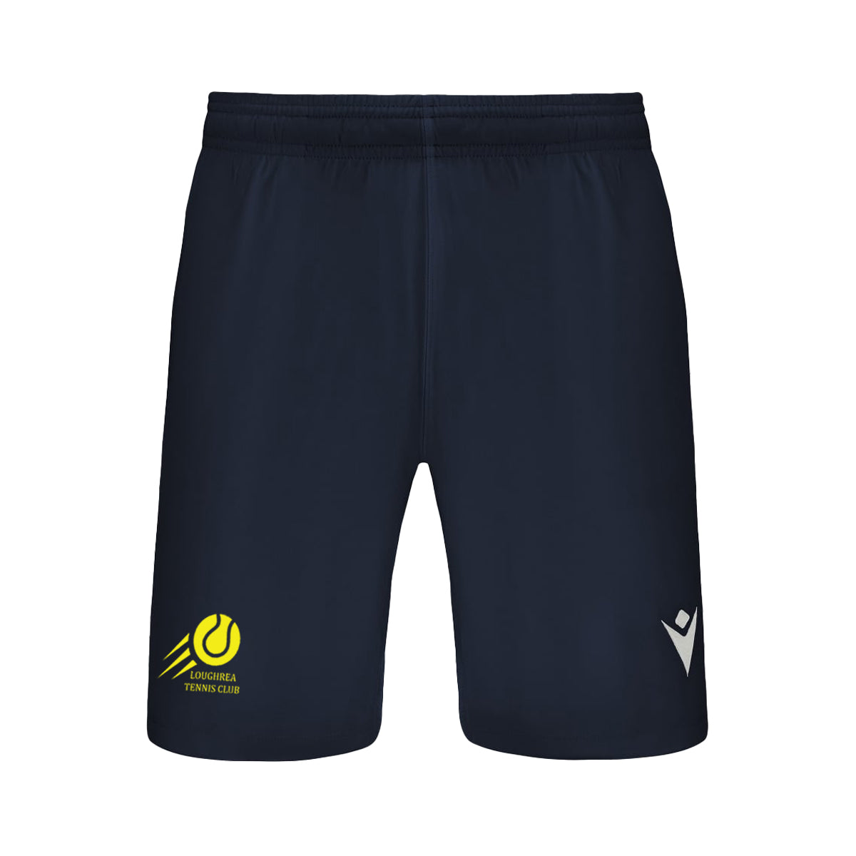 An image of the Loughrea Tennis Club Mens Elm Shorts in Navy photographed from the front with club crest on the right leg.