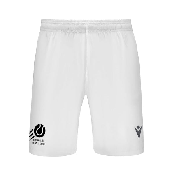 An image of the Loughrea Tennis Club Mens Elm Shorts in White photographed from the front with club crest on the right leg.