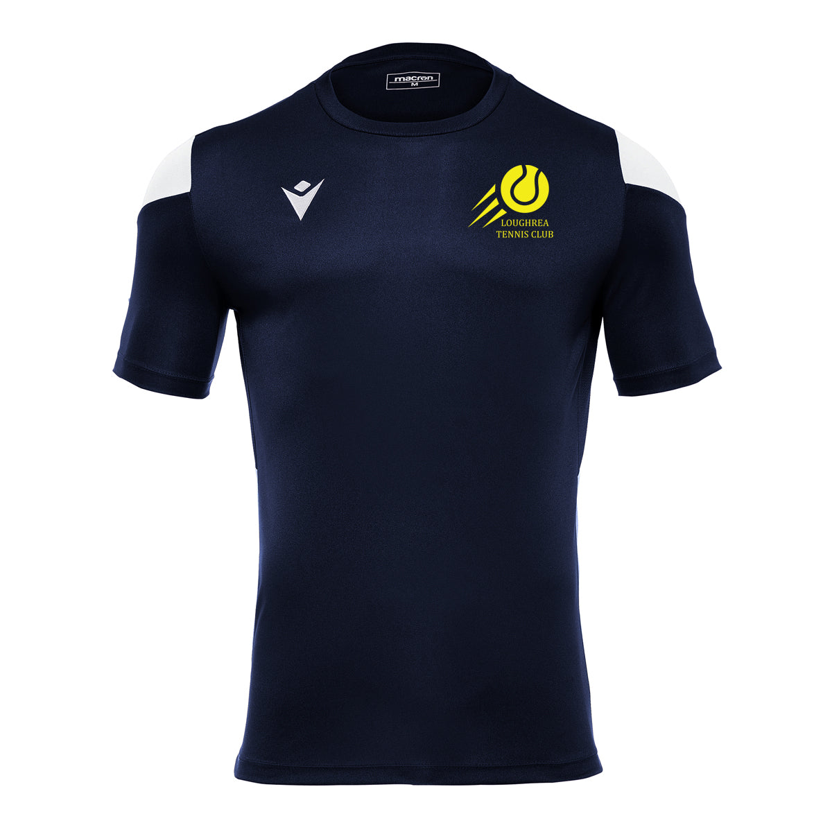 A image Loughrea Tennis Club Polis Unisex T-Shirt in Navy/White with club crest on left chest.