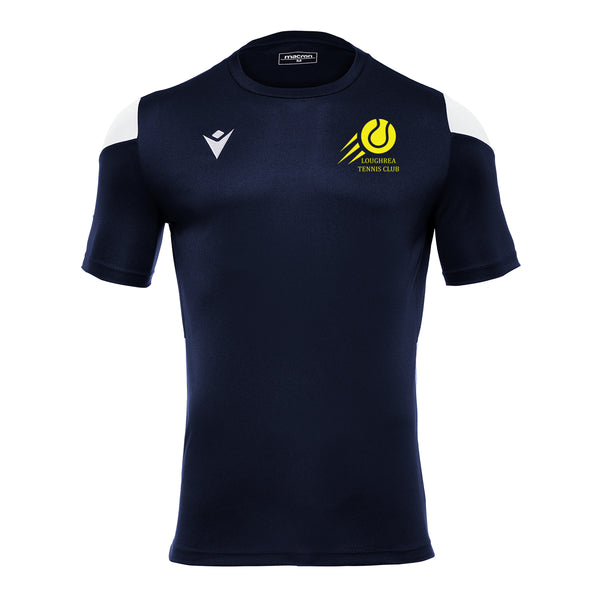 A image Loughrea Tennis Club Polis Unisex T-Shirt in Navy/White with club crest on left chest.