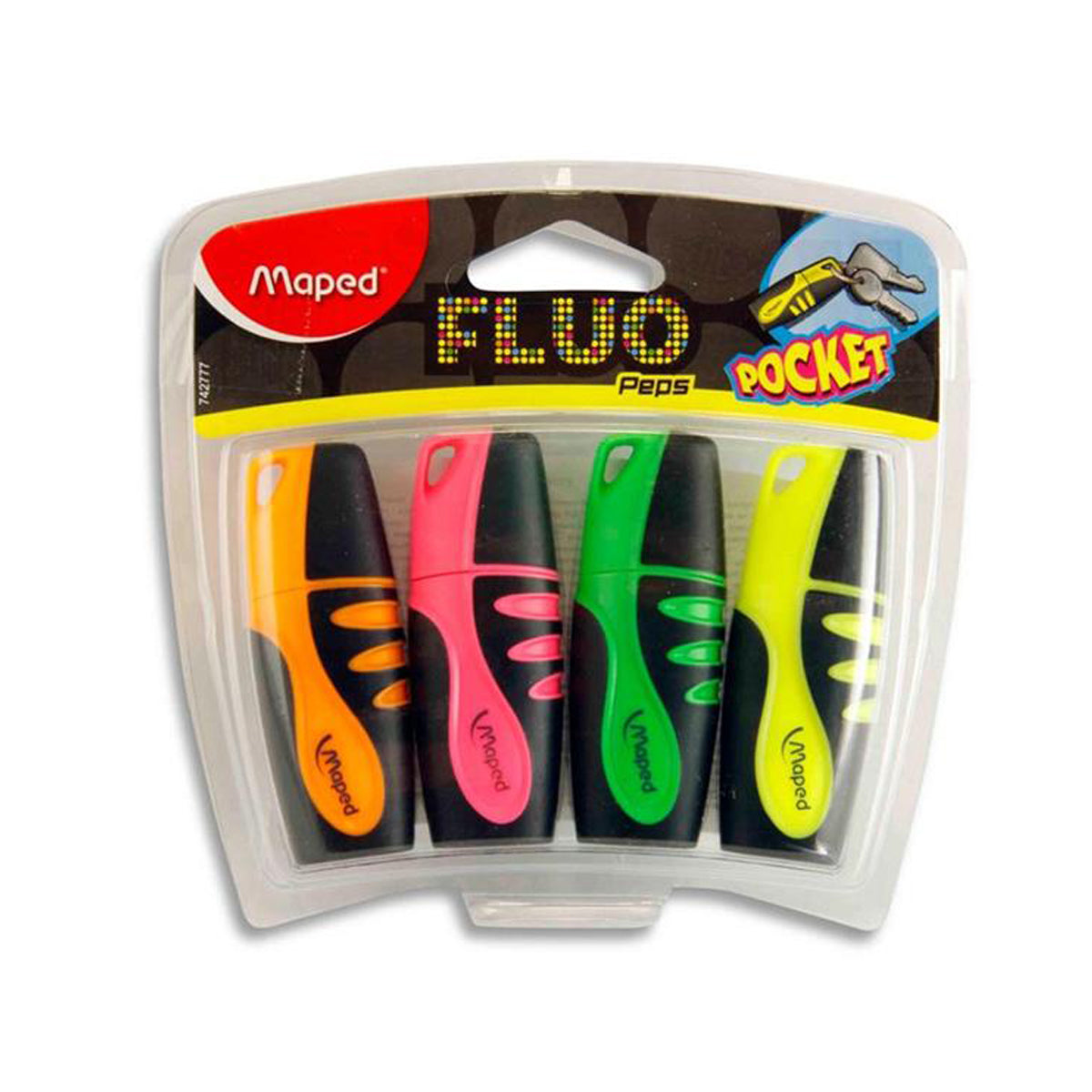 A photo of the Maped 4 Pack Mini Pocket Fluo'peps Highlighters with colours Orange, Pink, Green & Yellow