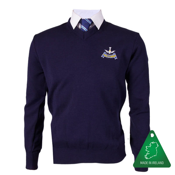 A photo of the Blackrock College Pullover  (4th & 5th Year) in Navy with embroidered school crest on right chest.