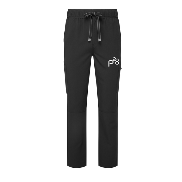 A photo of the Paragon 28 Relentless' Onna-stretch Cargo Pants in Black, with Paragon 28 logo on left leg
