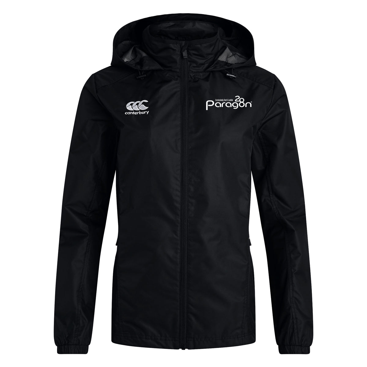 Paragon28 Ladies Full Zip Rainjacket with Paragon28 logo on left chest.