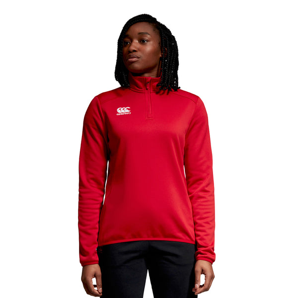 Photo of model wearing Canterbury Womens Club 1/4 Zip Mid Layer Training Top in Red, front view