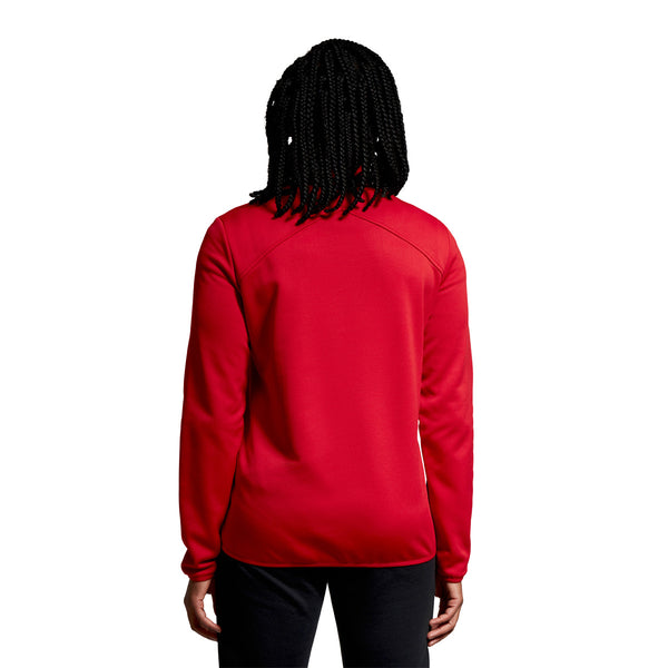 Photo of model wearing Canterbury Womens Club 1/4 Zip Mid Layer Training Top in Red, back view