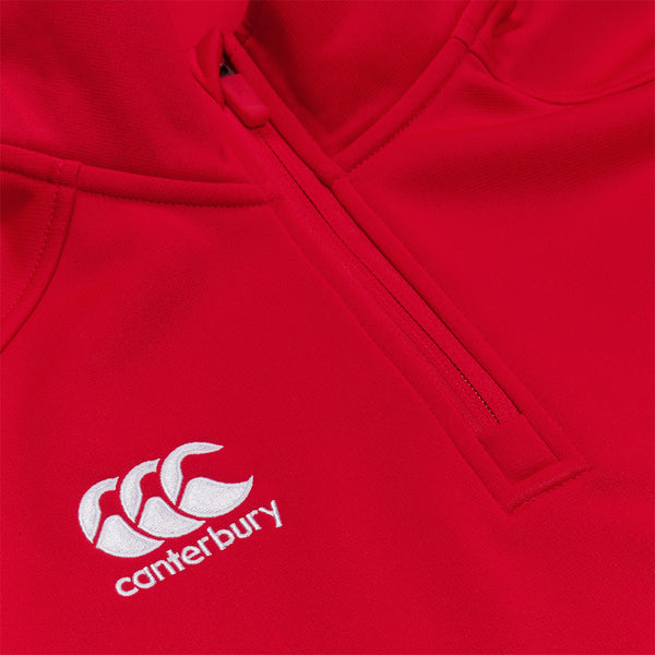Photo of Canterbury Womens Club 1/4 Zip Mid Layer Training Top in Red, close up of neckline detail