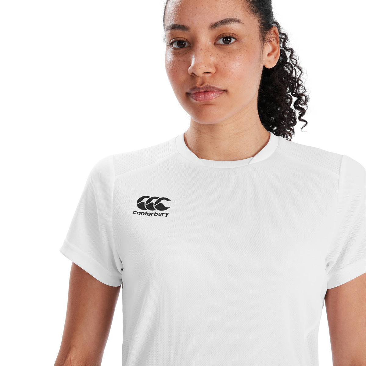 Model wearing Canterbury Canterbury Club Dry Tee Female in White, shoulder & neckline