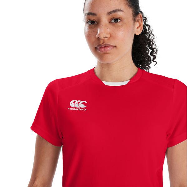Model wearing Canterbury Canterbury Club Dry Tee Female in Red, front