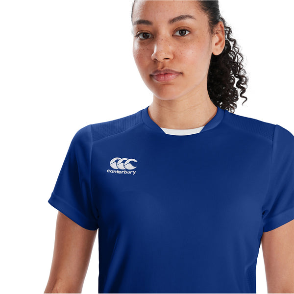 Model wearing Canterbury Club Dry Tee Female in Royal, shoulder and neckline