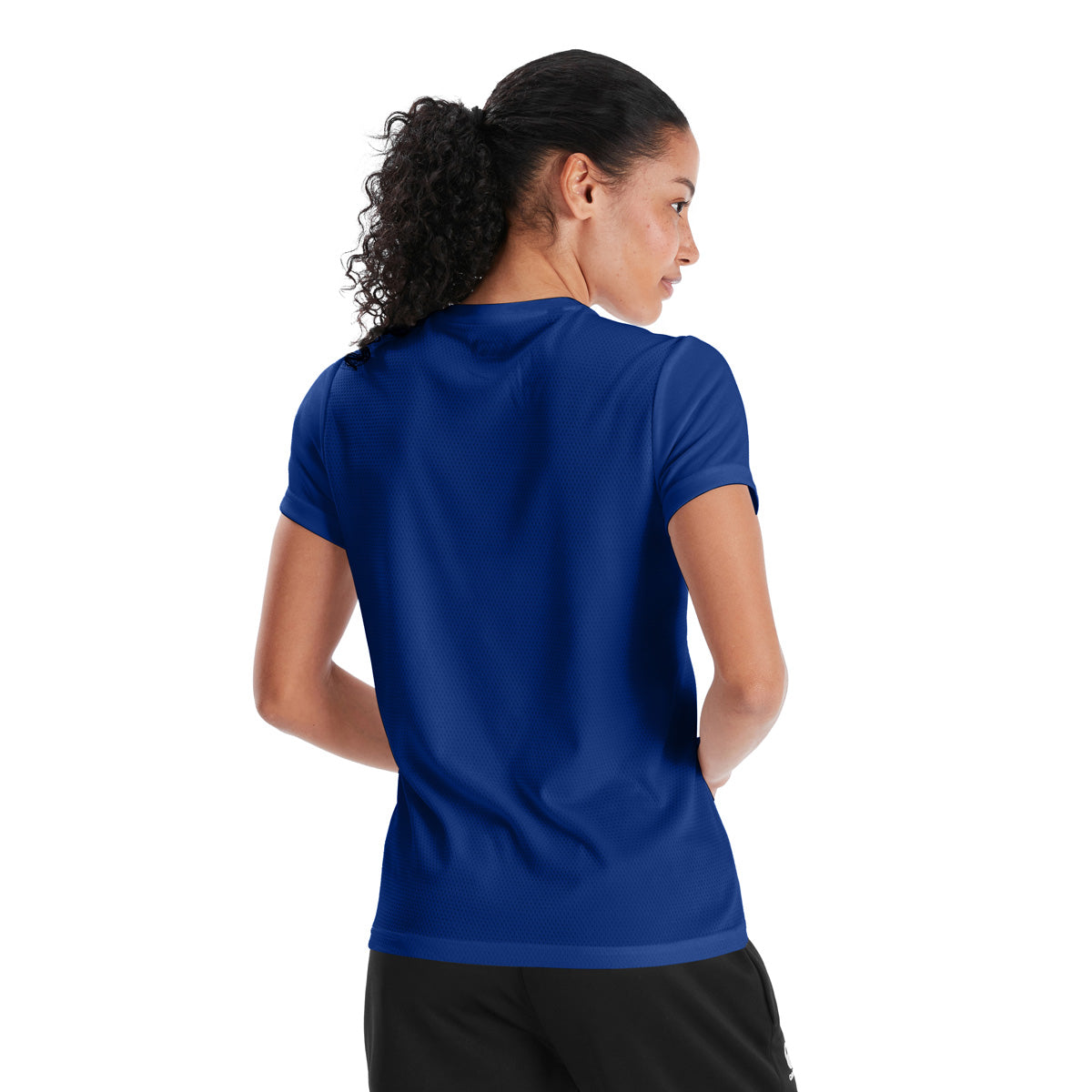 Model wearing Canterbury Club Dry Tee Female in Royal, back