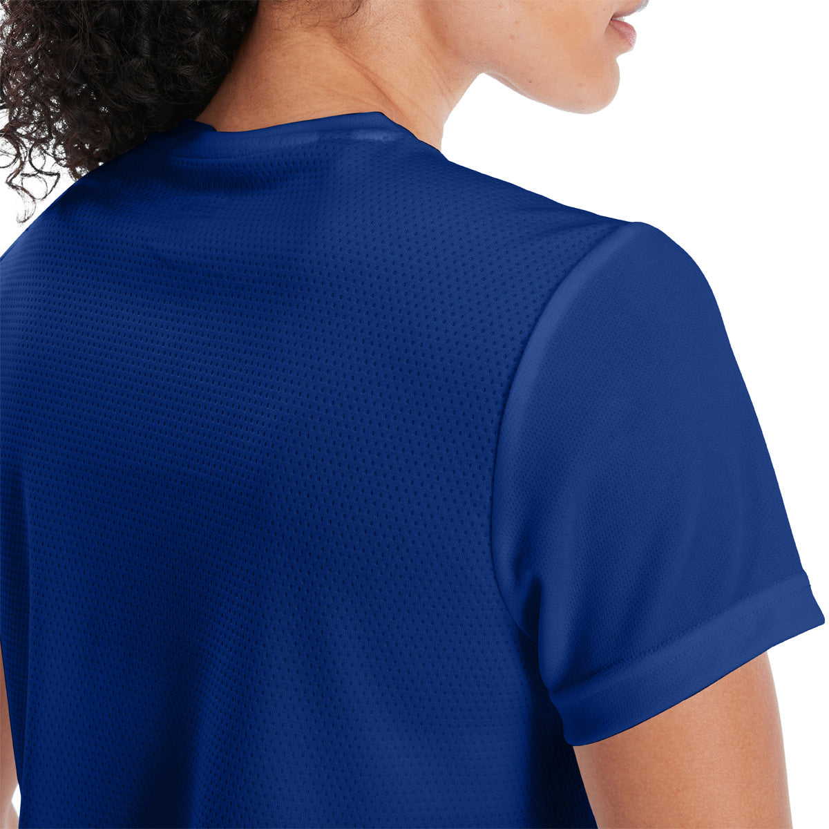 Model wearing Canterbury Club Dry Tee Female in Royal, back shoulder