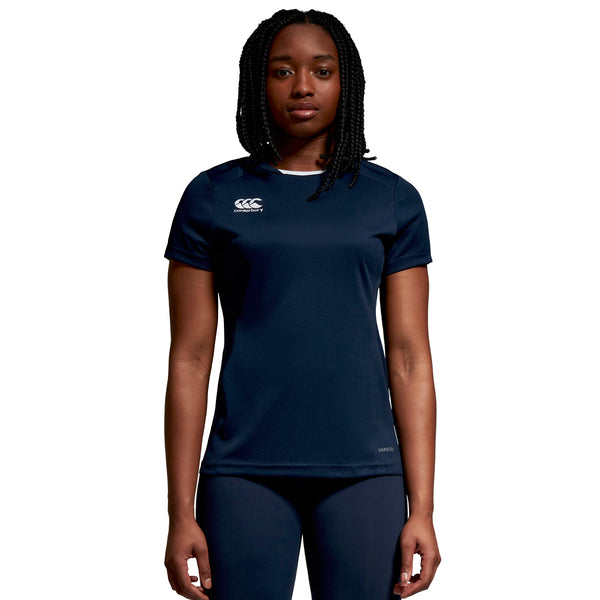 Model wearing Canterbury Club Dry Tee Female in Navy, front