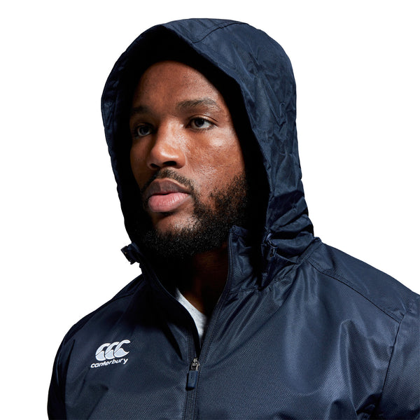 A close up of the Canterbury Club Vaposhield Full Zip Rain Jacket in Navy, hood detail