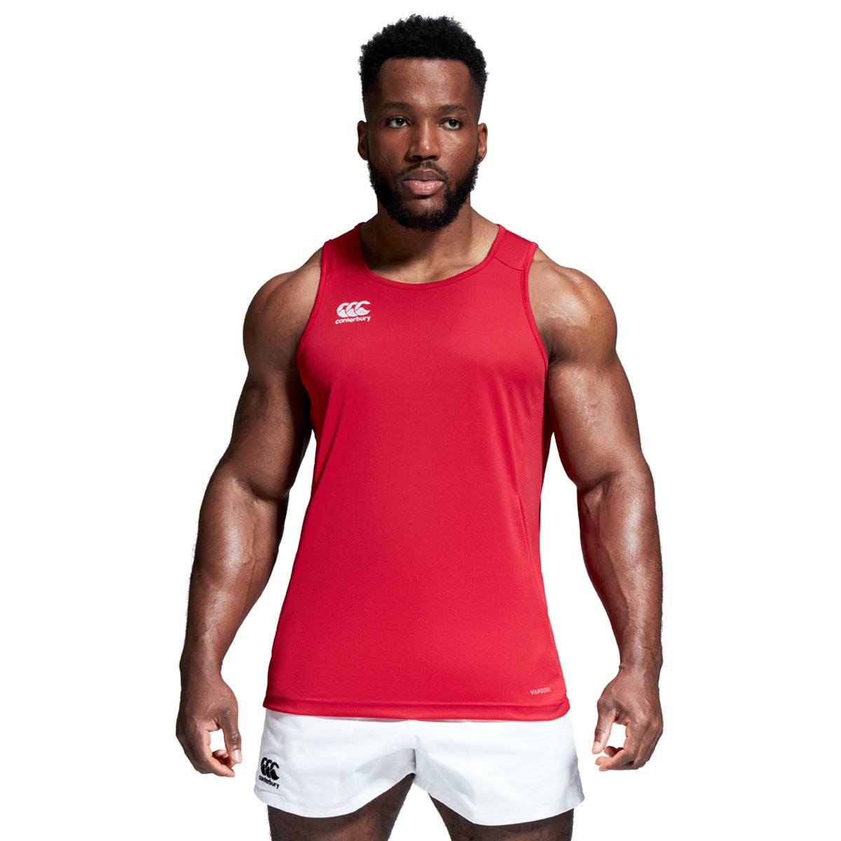 Front photo of model wearing Canterbury Club Dry Singlet in Red