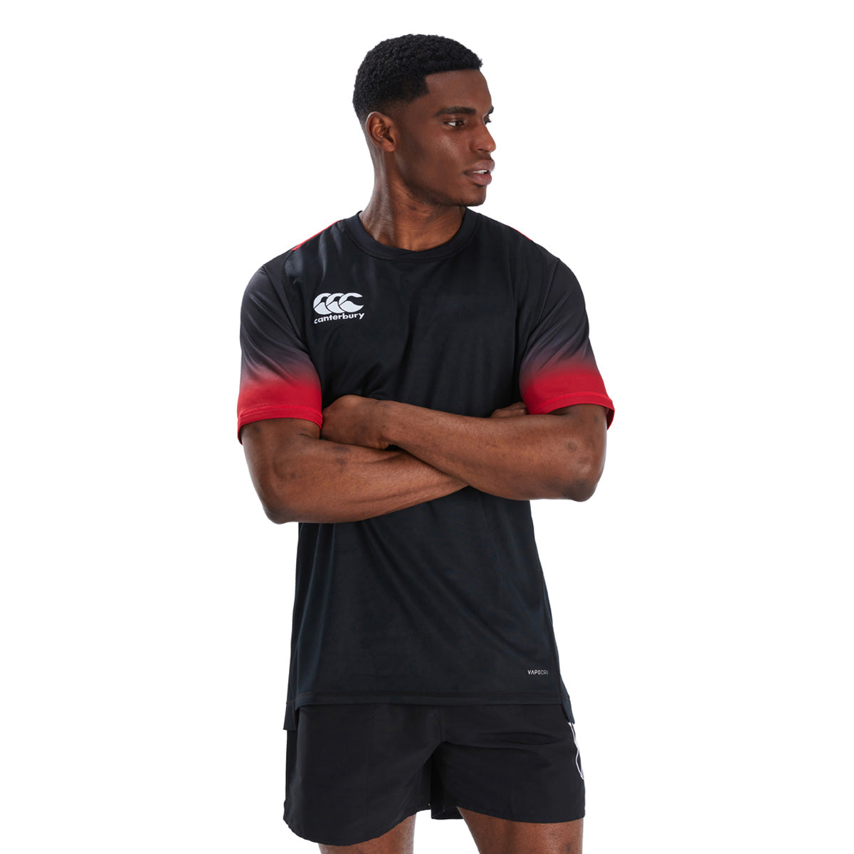Model wearing Canterbury Accent Club Playing Jersey in Black/Red