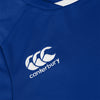 Photo of the Canterbury Club Dry Tee Junior Blue, close up image of embroidered Canterbury Logo